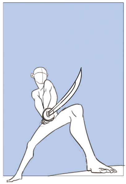 a drawing of a stick figure with a sword. the stick figure is in a fighting stance, with the sword held in a defensive position.