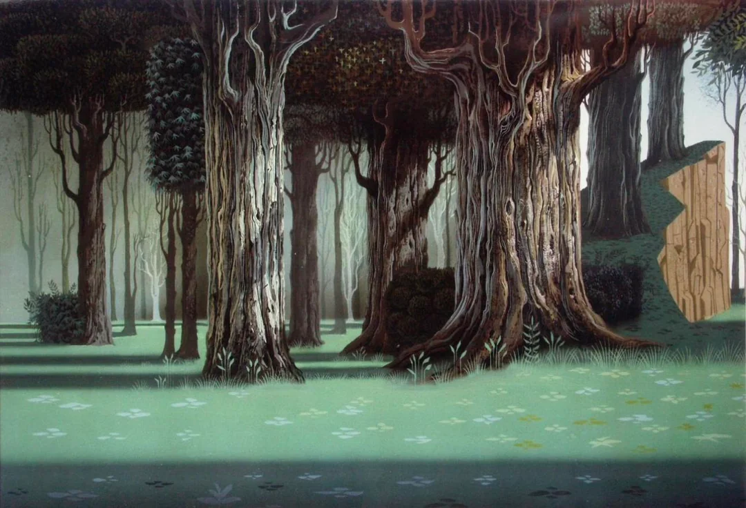 this illustration depicts a serene forest scene with tall, mature trees dominating the composition. the trees have thick, gnarled trunks painted in various shades of brown and gray, with branches reaching upwards and intertwining to create a sense of depth and enclosure. the forest floor is covered in lush green grass dotted with small white flowers. soft, diffused lighting filters through the canopy, casting subtle shadows and creating a sense of tranquility. the perspective is at eye level, drawing the viewer into the peaceful atmosphere of the woods.