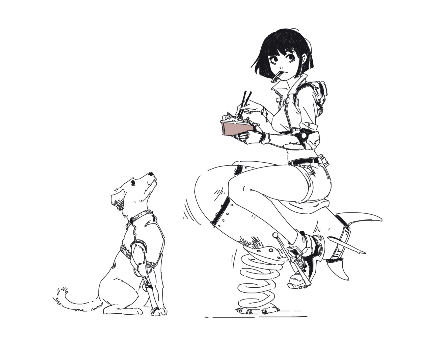 the illustration shows an animestyle girl with short black hair sitting on a springloaded rocket toy, eating takeout noodles with chopsticks.  a white dog with a robotic prosthetic leg sits calmly watching her. the style is a sketchy, monochrome line drawing with subtle shading. the scene is lighthearted and slightly futuristic.