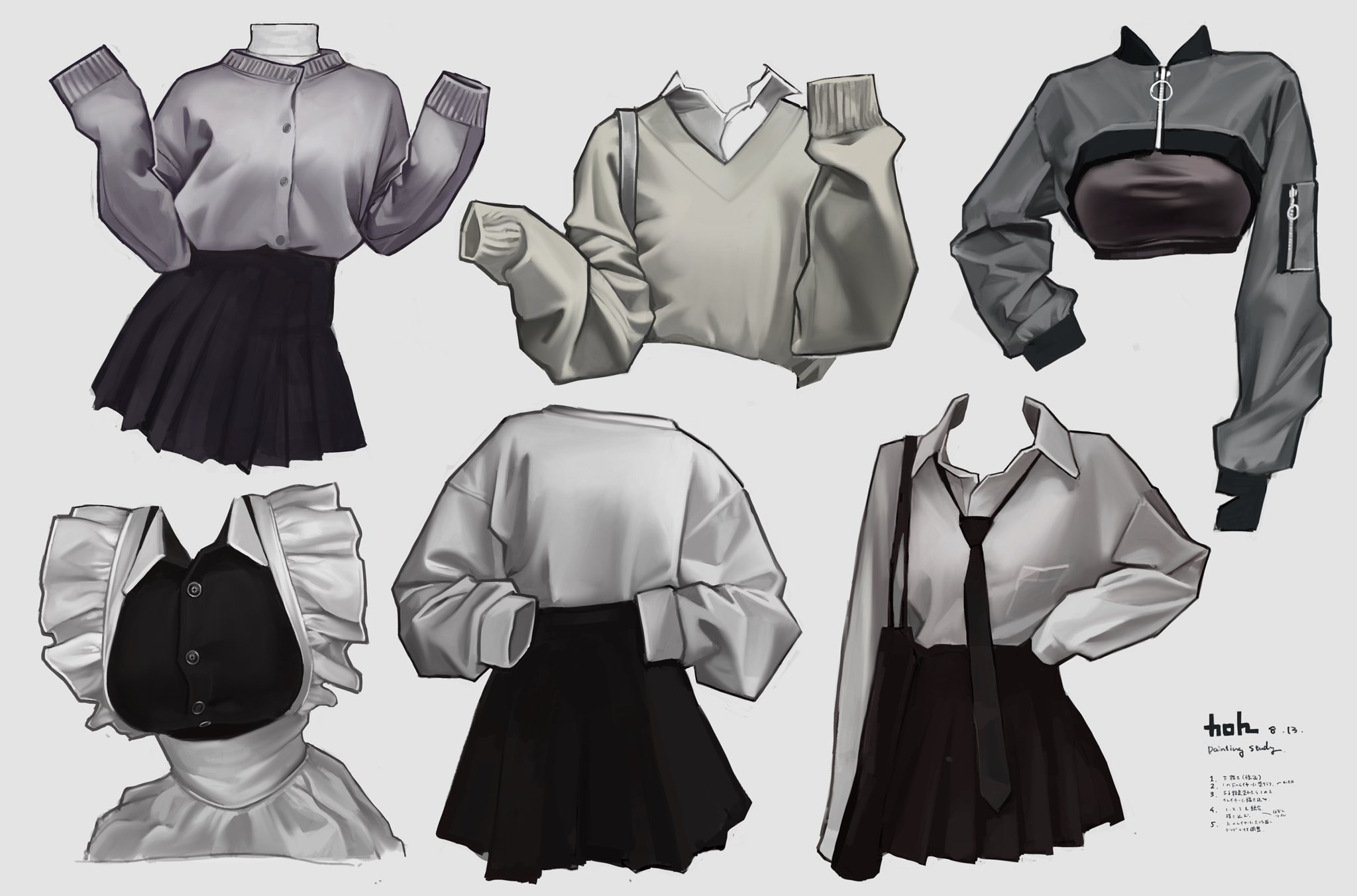 the image is a digital painting showcasing six different outfit sketches in a grayscale anime or manga style. each sketch depicts a different outfit on a mannequinlike form without a head. the outfits range in style, from a casual cardigan and pleated skirt set to a more formal blouseandtie ensemble and a maid outfit.  the styles are varied, including oversized sweaters, cropped jackets, and pleated skirts, all rendered in a soft, slightly muted gray palette. there is a small text section in the bottom right corner which seems to be artist information and possibly a key to the different outfit designs. the overall style is clean and modern, suggesting a fashion design study or concept art.