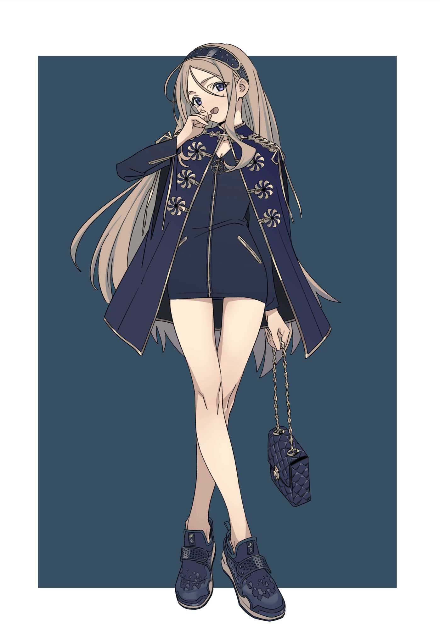 the image shows an animestyle girl with long blonde hair. she is wearing a dark blue coat with gold accents, a short dark blue dress, and dark blue sneakers. she is carrying a small dark blue handbag and is striking a stylish pose. the background is teal.