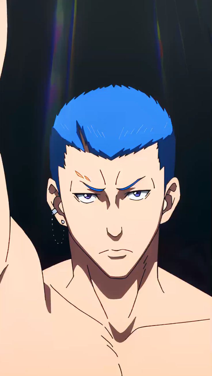 a closeup illustration features the upper torso of a muscular, bluehaired anime character. the man has a serious expression, visible cheekbones, and a single earring. the background is dark, implying a studio setting and dramatic lighting.