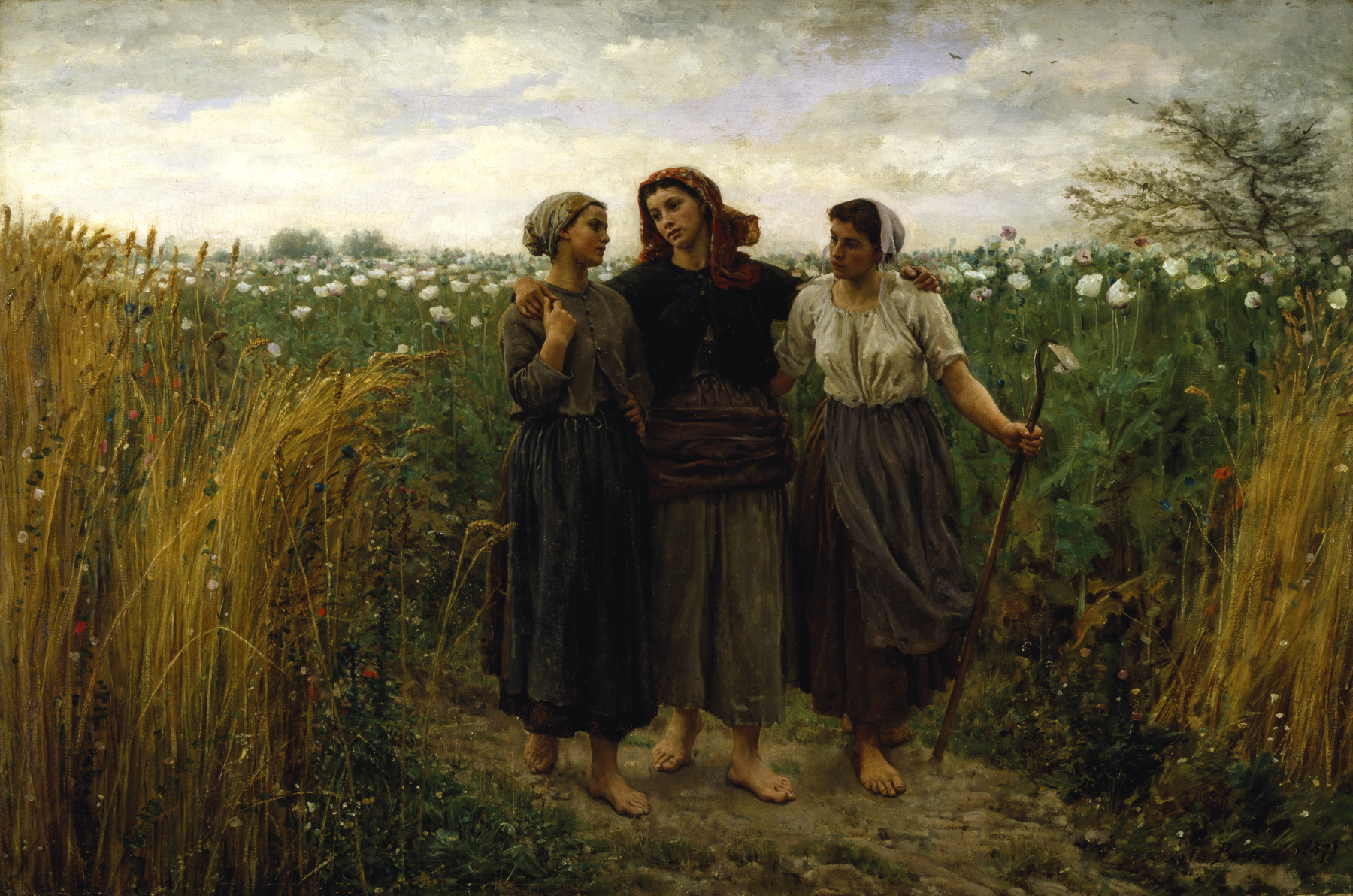 the painting depicts three peasant women walking together through a field, likely after work. the women are barefoot and wearing simple clothing, including headscarves. they are walking down a dirt path flanked by wheat and poppies, with a tree and birds visible in the background, the sky is overcast. one woman holds a hoe. the women appear to be embracing and talking to each other. the painting conveys a sense of friendship, rural life, and hard labor.