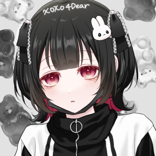 a digital illustration of an anime girl. the girl has black hair with red highlights and red eyes. she is wearing a black and white outfit, a black mask, and a choker. the background is grey with transparent gummy bears. there is also text on the image.  she is looking forward with a curious expression.