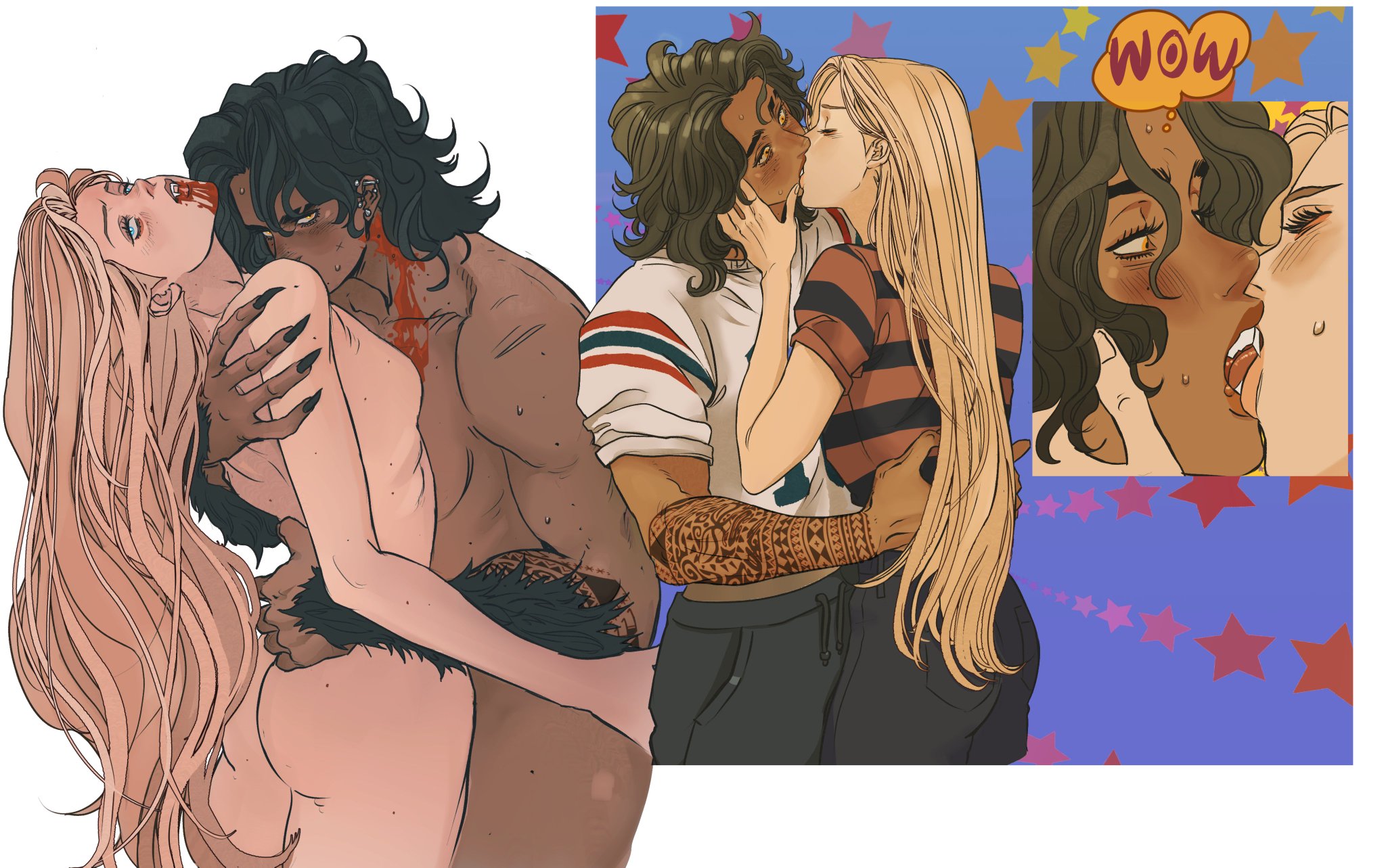 the image shows a digital illustration featuring a couple, likely in two different forms or scenarios. on the left, a more primal and dark scene is depicted, possibly representing the characters as a vampire and a werewolf, engaged in a passionate and potentially violent embrace, complete with blood and fangs. on the right, the couple is shown in a more contemporary and tender setting, kissing and embracing, with a smaller comic bookstyle panel above them showcasing an exaggerated expression of surprise or excitement, indicated by the word "wow." the entire scene is set against a background of stars on a blue backdrop. the composition juxtaposes the supernatural and raw depiction with the modern and affectionate one.