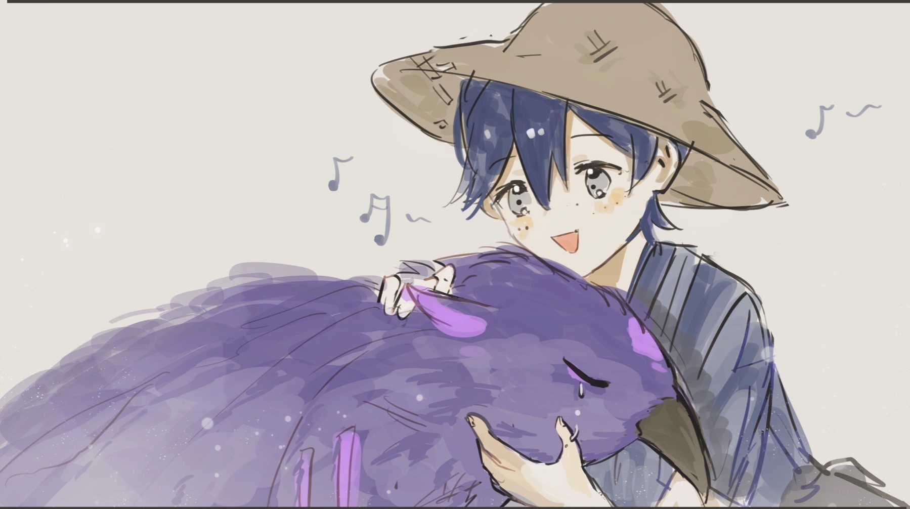 a drawing of a girl with blue hair and a hat, hugging a purple fluffy animal, with a white background. there are music notes around the girl, suggesting a happy and joyful scene. the girl appears to be in a loving and caring mood, and the animal is also content. the drawing style is whimsical and cute, typical of anime and manga art.