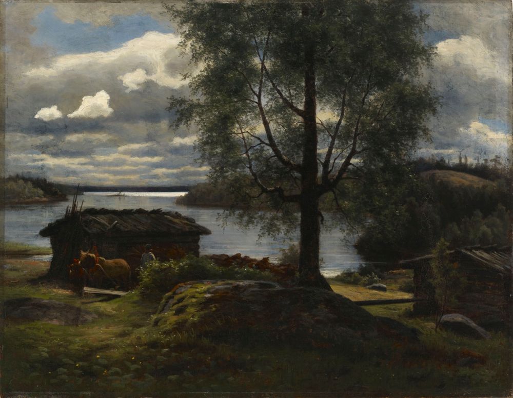 this painting depicts a landscape scene with a lake, a hut, and horses. a body of water stretches across the middle ground with trees and land on the opposite shore, appearing to be a lake surrounded by forest. in the foreground, there is a rough, wooden hut to the left, with two horses standing nearby and a man standing inside. the foliage, grass, and rocks create a textured foreground. a large tree stands prominently in the center of the scene. the sky is filled with clouds, suggesting an overcast or partly cloudy day. the overall impression is one of rural life by the lake.