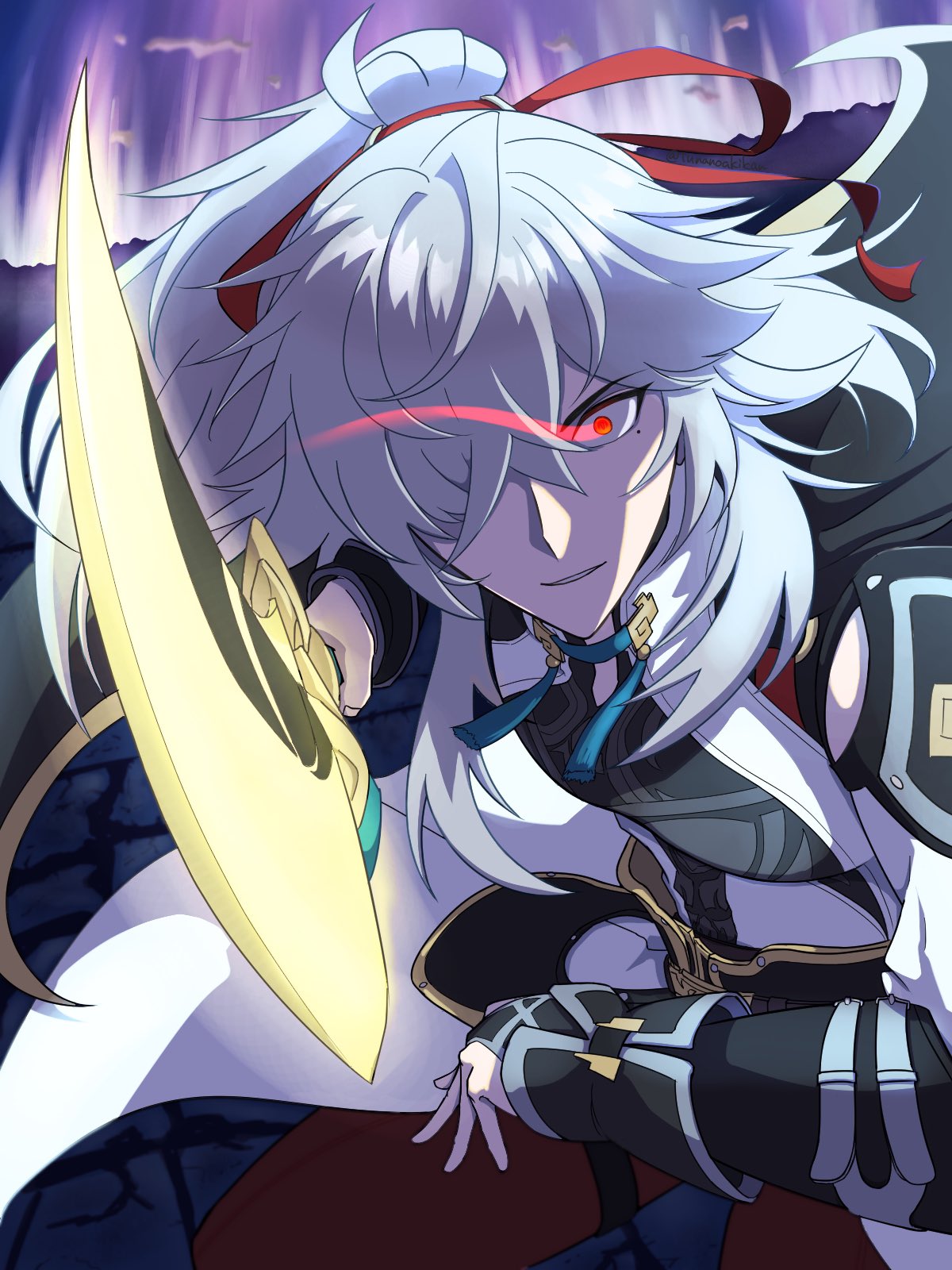 a white haired anime woman with red eyes, wearing black, white, and blue clothing, with a sword in her hand, is shown in a battle pose, with a dark background.  the image is a digital illustration, and the art style is somewhat typical of anime and manga.