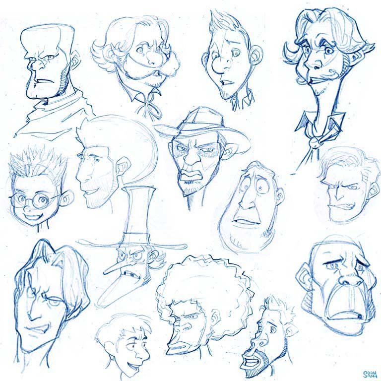 the image is a collection of 15 cartoon character sketches drawn in blue pencil on white paper. the characters are primarily male and feature a variety of exaggerated facial features. there is a mix of frontfacing and profile portraits. the style is loose and expressive, suggesting brainstorming or character design exploration.
