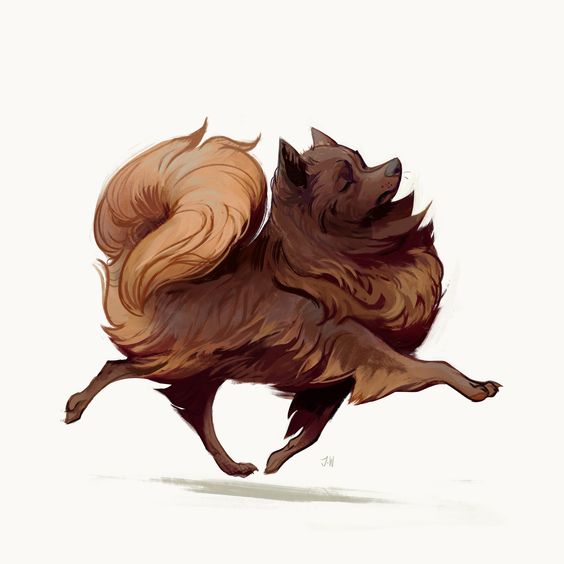 a brown, fluffy dog is running with its tongue out. the dog is illustrated in a painterly style with loose brushstrokes and soft lighting. the background is white.