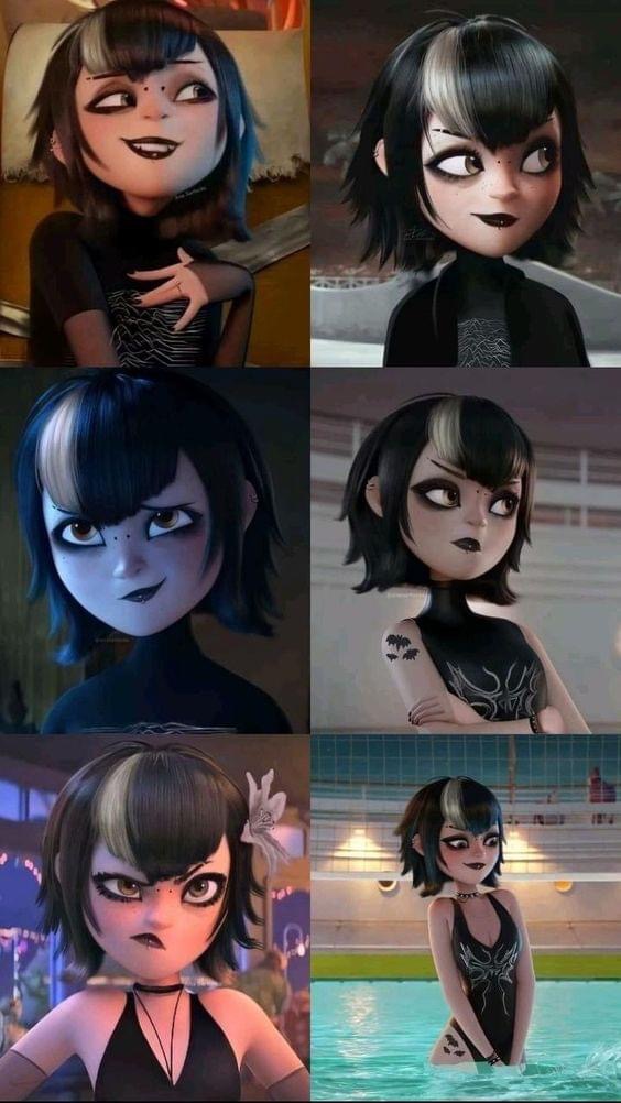 this is a collage of several images of the same animated, goth girl. she has black hair with a white streak, black clothes, dark makeup, and various expressions.  the pictures show her in a variety of situations.  in one photo, she's posing in a pool wearing a black swimsuit. in another, she's sitting up and looking serious.  in another, she has a more playful expression. she's a cool and stylish cartoon character who seems to be full of personality.