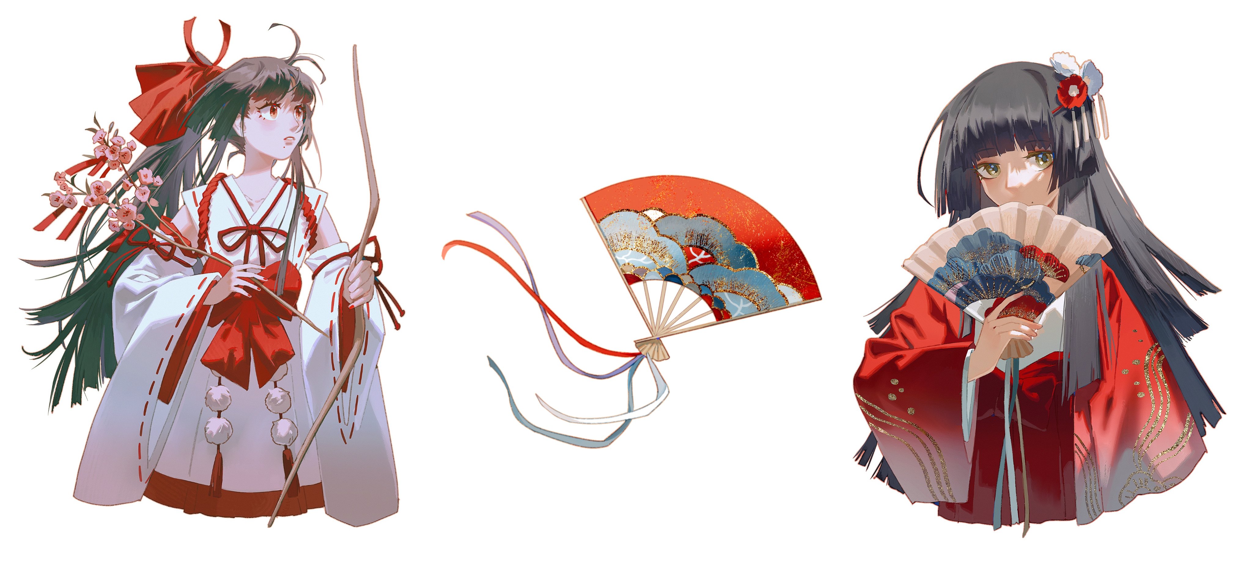 two anime girls in traditional japanese clothing. one has a bow in her hair and is holding a bow and arrow. the other has a fan and is wearing a red kimono. they are both drawn in a colorful and elegant style.