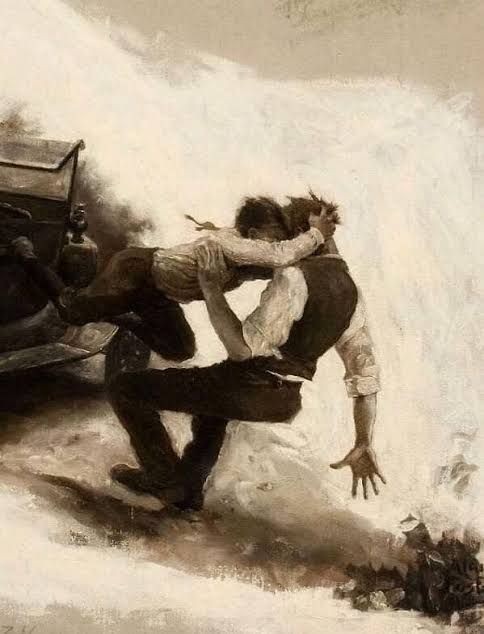 two men are caught in an avalanche. one man, wearing a white shirt and dark pants, is desperately clinging to the other man, who is trying to pull them both to safety. the avalanche has partially buried a car, which can be seen in the background. the scene is chaotic and dangerous, highlighting the power of nature and the struggle for survival.