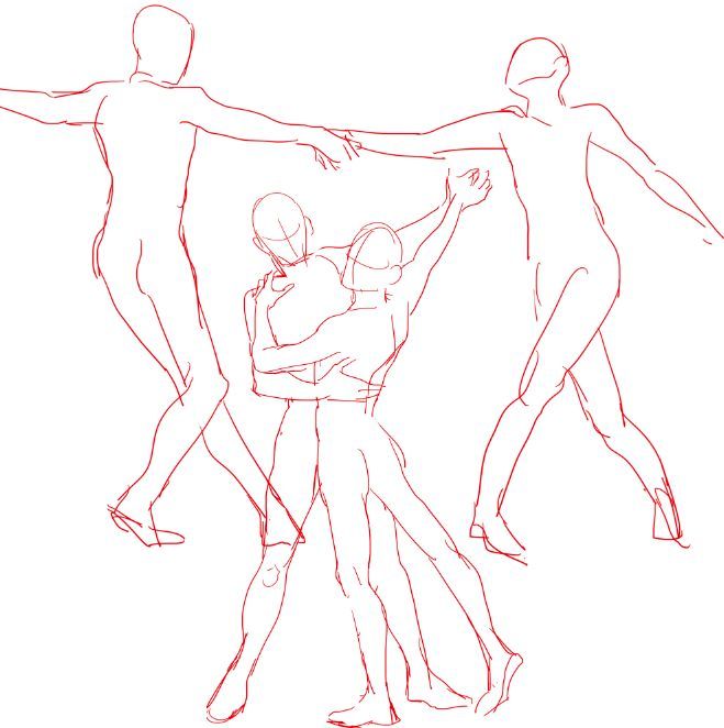 a simple line drawing of three people. one woman stands apart from the other two who are embracing. the woman in the front is on her toes, the man is holding her up, and the other woman stands behind. all three are outlined with red lines.