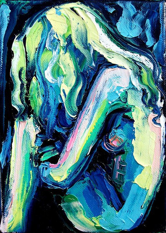 a closeup view of an abstract oil painting depicting a woman's head and shoulders. the painting is composed of bold, thick brushstrokes in shades of blue, green, pink, and white, creating a dynamic and textured surface. the woman's face is not clearly defined, but her hair is long and flowing. the painting is a vibrant and expressive work of art that evokes a sense of movement and energy.