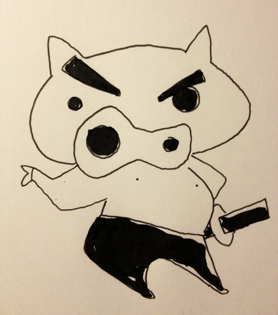it's a cartoon drawing of an angry pig wearing black pants and holding a gun in his left hand.  he has a sword in a sheath on his right side.