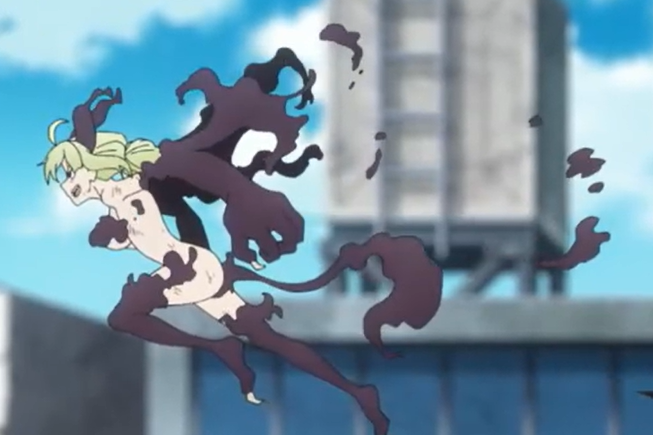 a young, animated woman with blonde hair and pointy ears is running through the air.  she is surrounded by a dark, shadowy energy. there is a water tower in the background, partially obscured by the woman. the sky is a vibrant blue.