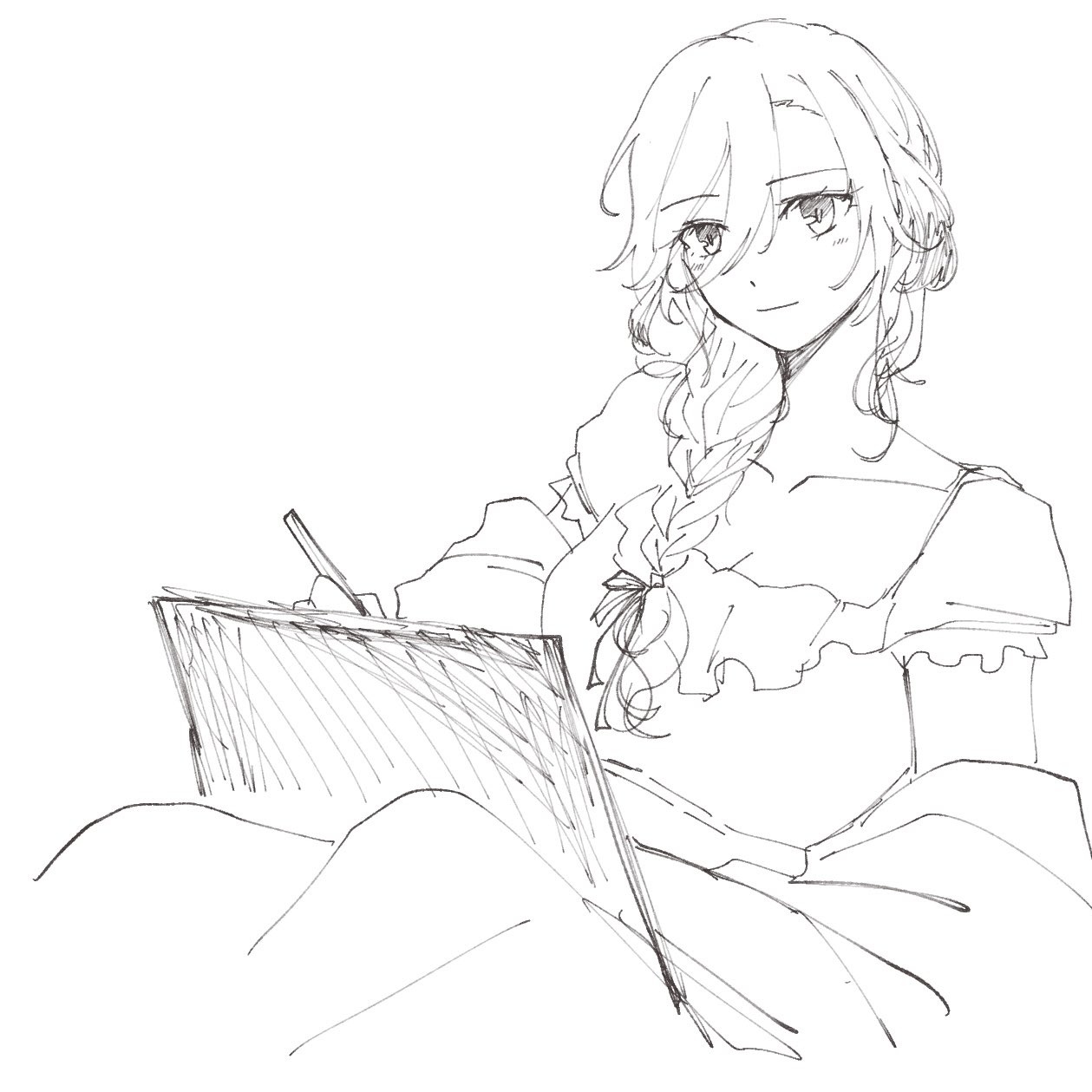 a sketch of a young anime girl sitting with a pencil and a sketchbook in front of her. she has long hair that is braided, wearing a dress. she has a soft smile and is looking towards the right. the background is white. the art style is simple and whimsical.