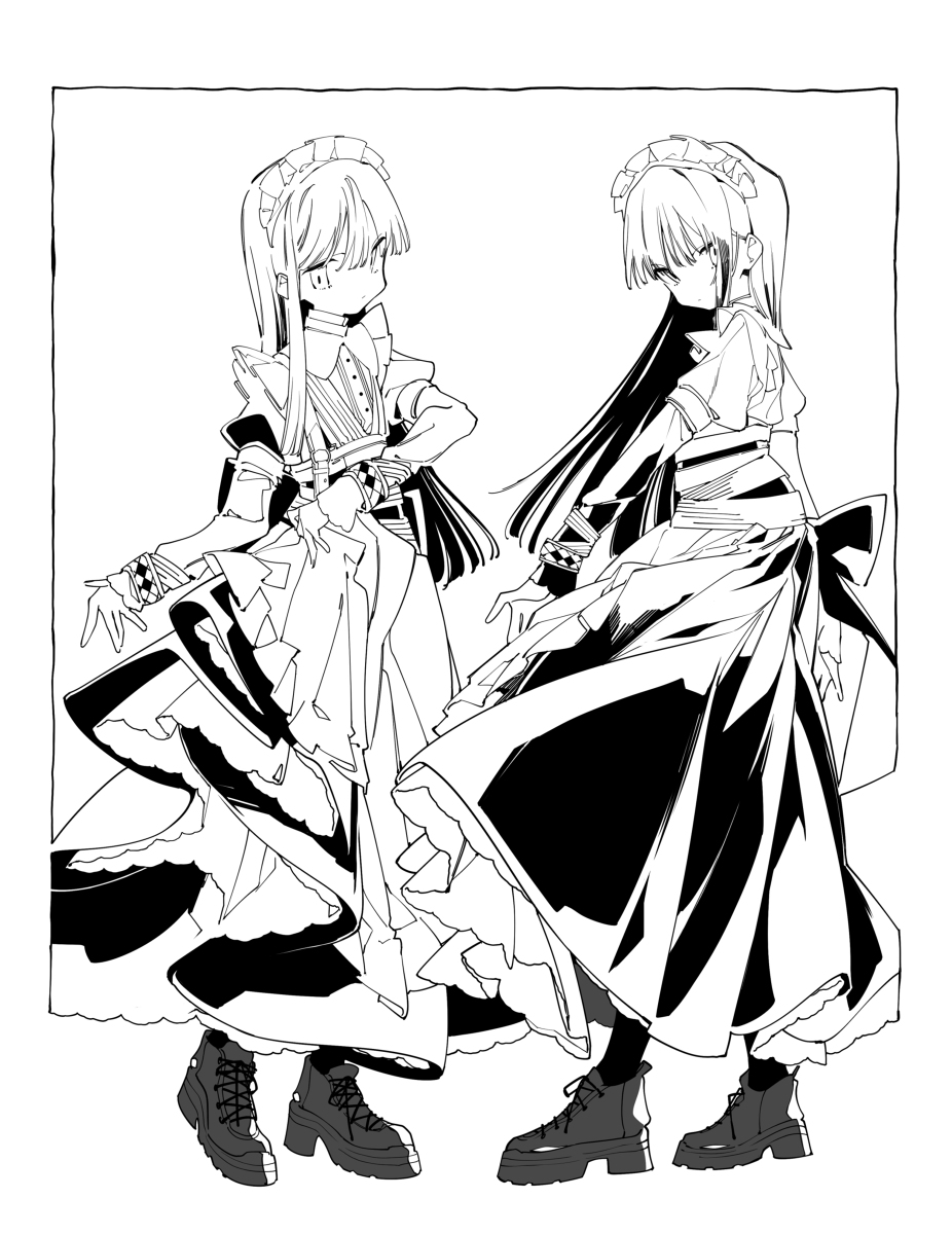 two anime girls are depicted in a black and white drawing. they are both wearing maid outfits with detailed frills and ribbons, and platform boots. the girl on the left has her hair in pigtails and her eyes are visible, while the girl on the right has long, straight hair that obscures her eyes.