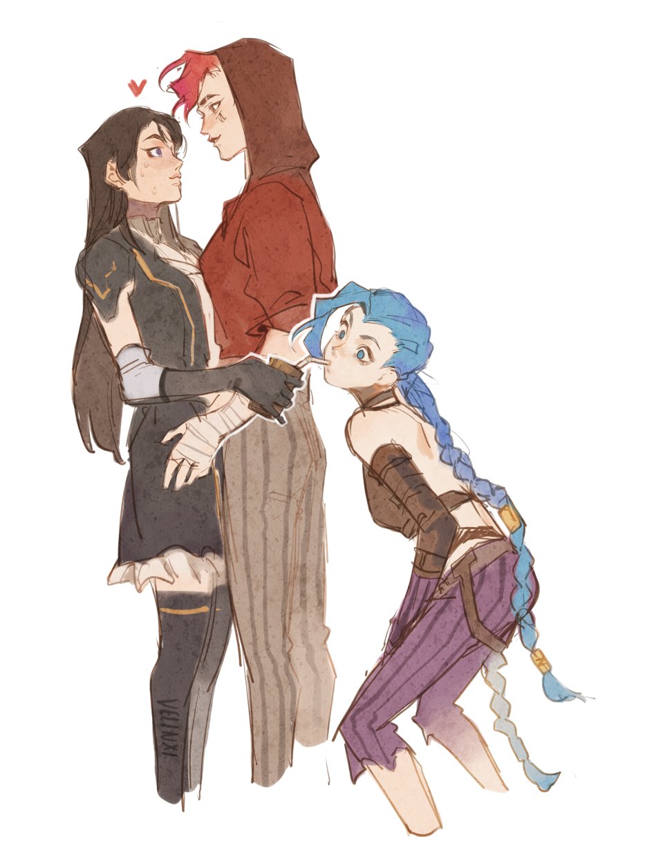 the image shows fan art of characters from the series arcane, including jinx, vi, and caitlyn. vi is wearing a red hoodie, caitlyn is wearing a black and gold dress, and jinx is wearing purple pants and a brown top with a long blue braid.