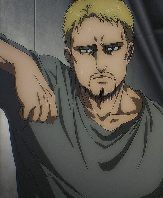 a portrait of reiner braun from attack on titan. he is leaning against a wall, looking tired with his arm draped over it. the color palette is muted, with grays and browns dominating the image. the lighting is soft, coming from the left side, casting a subtle shadow on his right side.