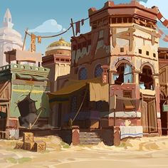 the image showcases a row of buildings, seemingly abandoned and worn down by time, set against a backdrop of a clear, blue sky dotted with clouds. these structures, reminiscent of a bygone era, hint at a desert setting with their sandy surroundings. the warm daylight bathes the scene, highlighting the aged textures and dilapidated state of the buildings.