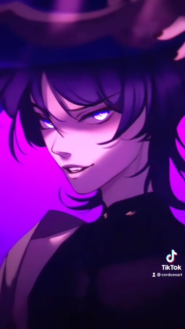 the image is a closeup digital illustration or artwork of a stylized animestyle male character.  he has dark purple hair, intense glowing purple eyes, and a smirk on his face. he's wearing a darkcolored outfit and what appears to be a widebrimmed hat. the overall color scheme is dark purple and violet, creating a mysterious and somewhat enigmatic atmosphere. the art style is sleek and modern with a focus on sharp lines and vibrant color gradients. a tiktok watermark is present in the bottom right corner, attributing the artwork to @cordoesar.