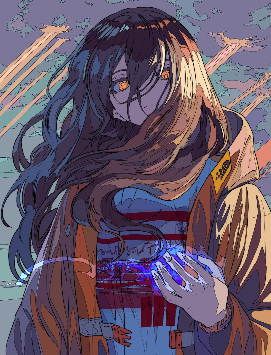 the image is a digital illustration featuring an animestyle girl with long, flowing dark hair partially obscuring her face.  she's wearing an orange jacket over a blue shirt with a digital city skyline pattern. her hands glow with a faint blue energy or data stream, suggesting a futuristic or scifi setting. the background features a stylized sky with streaks of light, creating a dramatic and atmospheric backdrop. the overall style is highly stylized and vibrant, reminiscent of graphic novels or manga. the girl's expression is partially hidden but conveys a sense of mystery and perhaps power.