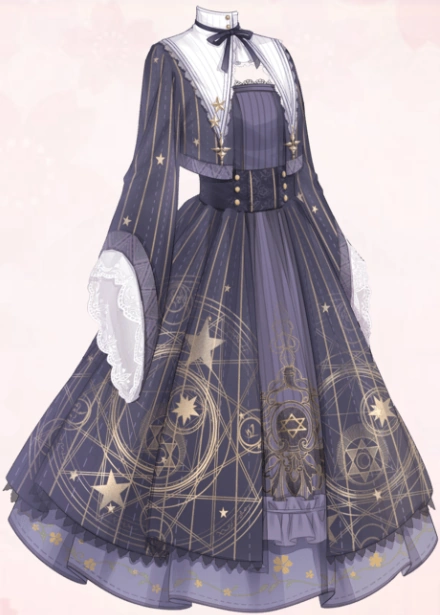 a long sleeve dress with star and moon patterns. it has a white collar and white lace sleeve cuffs.