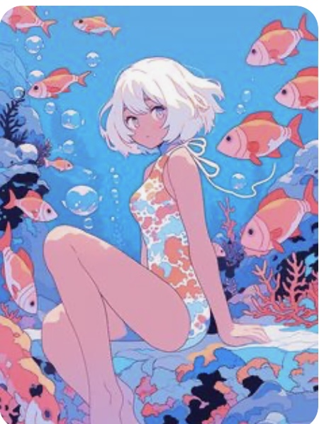 the illustration depicts a young woman with white hair and tanned skin, clad in a colorful swimsuit, submerged in a vibrant underwater scene. surrounded by coral reefs and a variety of fish, she sits gracefully with a serene expression. the color palette is soft and dreamy, emphasizing the magical ambiance of the underwater environment.