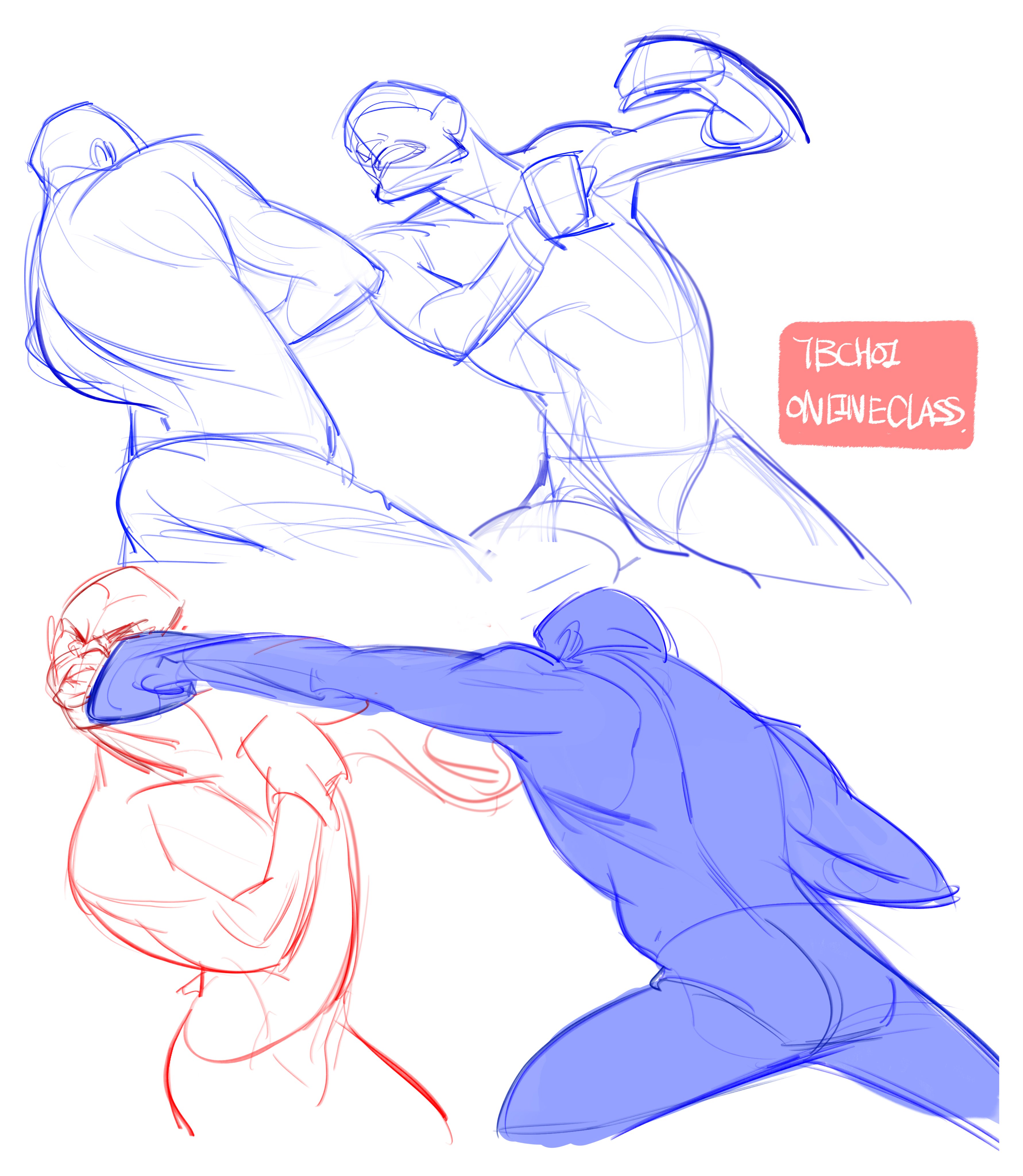 the image contains three separate dynamic sketches depicting figures engaged in various forms of fighting or combat.  the style is loose and gestural, focusing on capturing movement and overall form rather than precise detail.  one sketch shows two figures locked in a closerange exchange, another features a single figure throwing a powerful punch, and the third shows two fighters clashing.  the figures are rendered primarily in blue and red, suggesting perhaps different combatants or layers of action within a single scene. a small watermark/logo indicates that the sketches are from an online class by an artist named tbchoi.  the lines are fluid and suggest speed and energy.