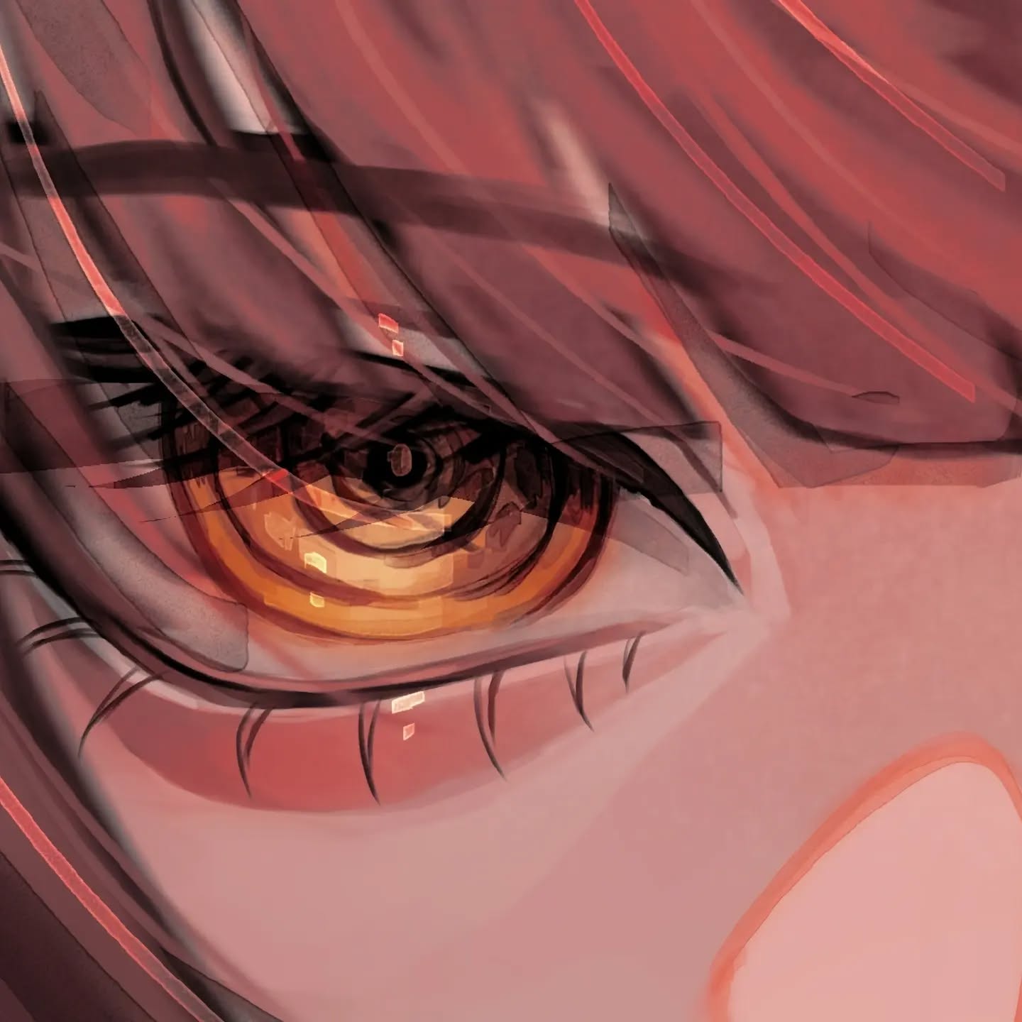 a closeup shot of an animestyle girl's eye. the eye is a striking orange color, and the iris is highly detailed. the girl's hair is a reddishbrown color, and strands of it obscure parts of the face. the overall style is painterly and expressive. the expression on the girl's face is intense and possibly angry, as her brow is slightly furrowed and her gaze is direct. the image is very detailed, and the focus is on the eye and the surrounding area.