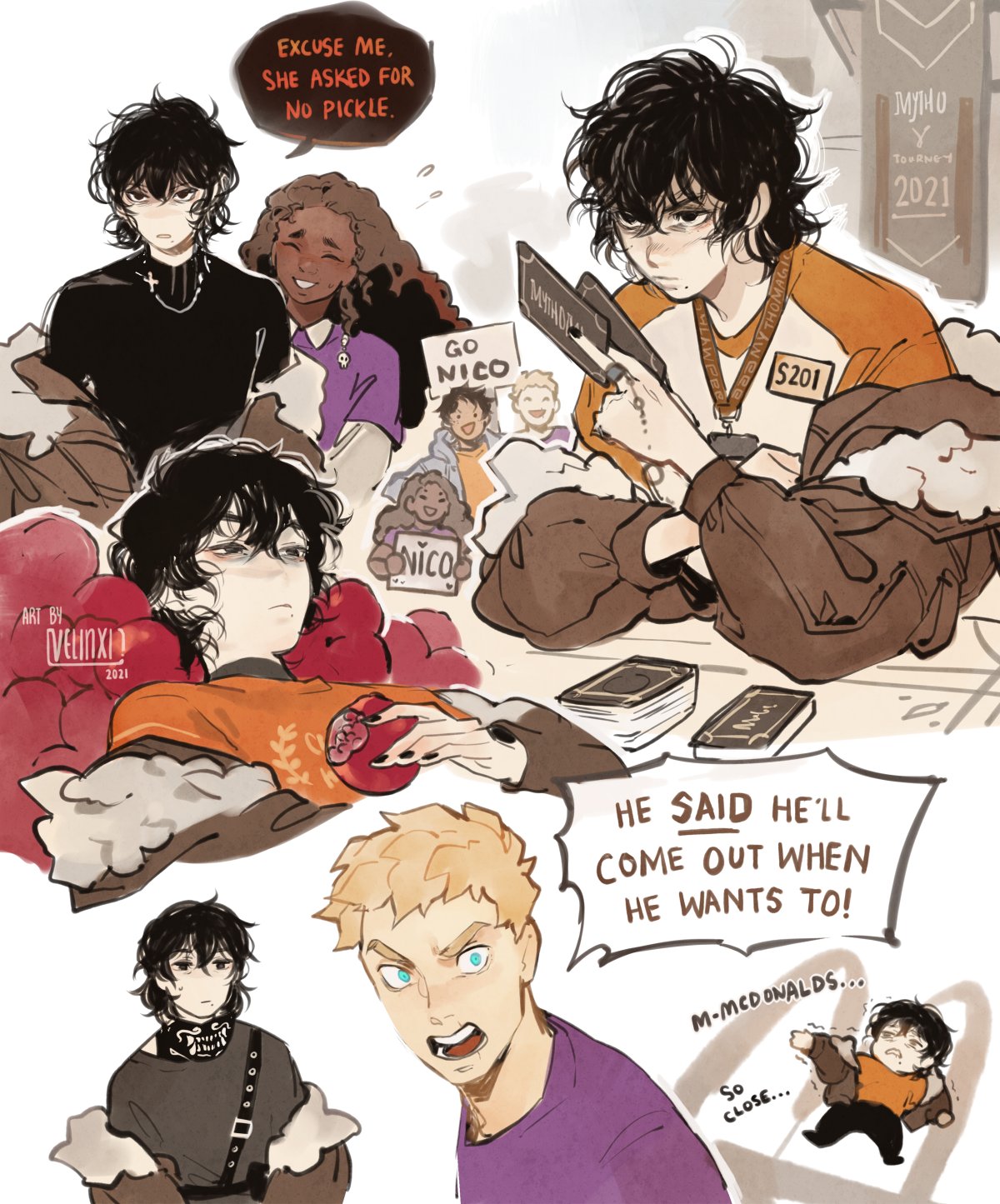 a fan art image featuring nico di angelo from the percy jackson series. there are multiple images of nico in different situations. one shows him seated, playing a card game, while another shows him lying on a pile of blankets. in the top left corner, nico is standing with hazel levesque, who is holding a sign that says "excuse me, she asked for no pickle." the bottom right corner depicts nico in a small drawing running towards mcdonald's, which is labeled as "so close...". will solace is also pictured, appearing frustrated. there are fan signs that say "go nico."