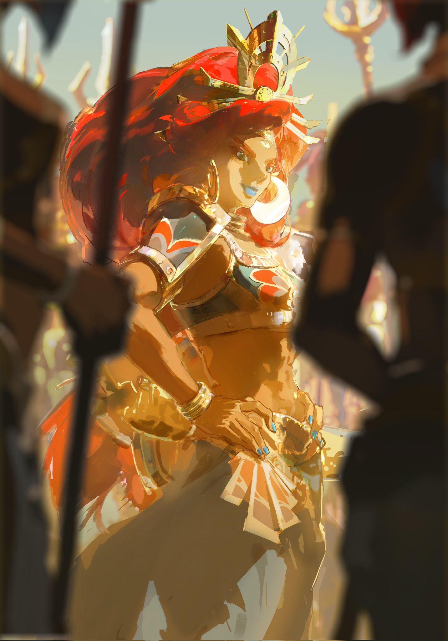 a beautiful and powerful warrior woman, adorned with gold jewelry and armor, stands tall and confident in front of a crowd of people holding swords and shields.  the warrior woman is wearing a red robe and has long red hair. she appears to be a queen or princess who is about to lead her army into battle.  the scene is painted in a fantasy style and filled with rich detail.