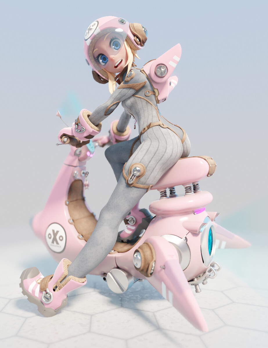 a digitally rendered anime girl with pink hair and big blue eyes wearing a pink helmet and gray jumpsuit rides a futuristic pink scooter.