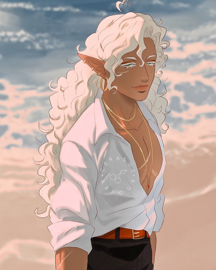 the image is a digital painting or illustration of a male elf character. he has long, curly white hair, tan skin, and pointed ears.  he's wearing an unbuttoned white shirt, an orange belt, and dark pants.  a gold necklace is visible around his neck. the character is posed in a relaxed manner, seemingly on a beach with an ocean and sunset in the background. the overall mood is serene and peaceful. the style is polished and semirealistic.  a small logo is visible on the shirt.