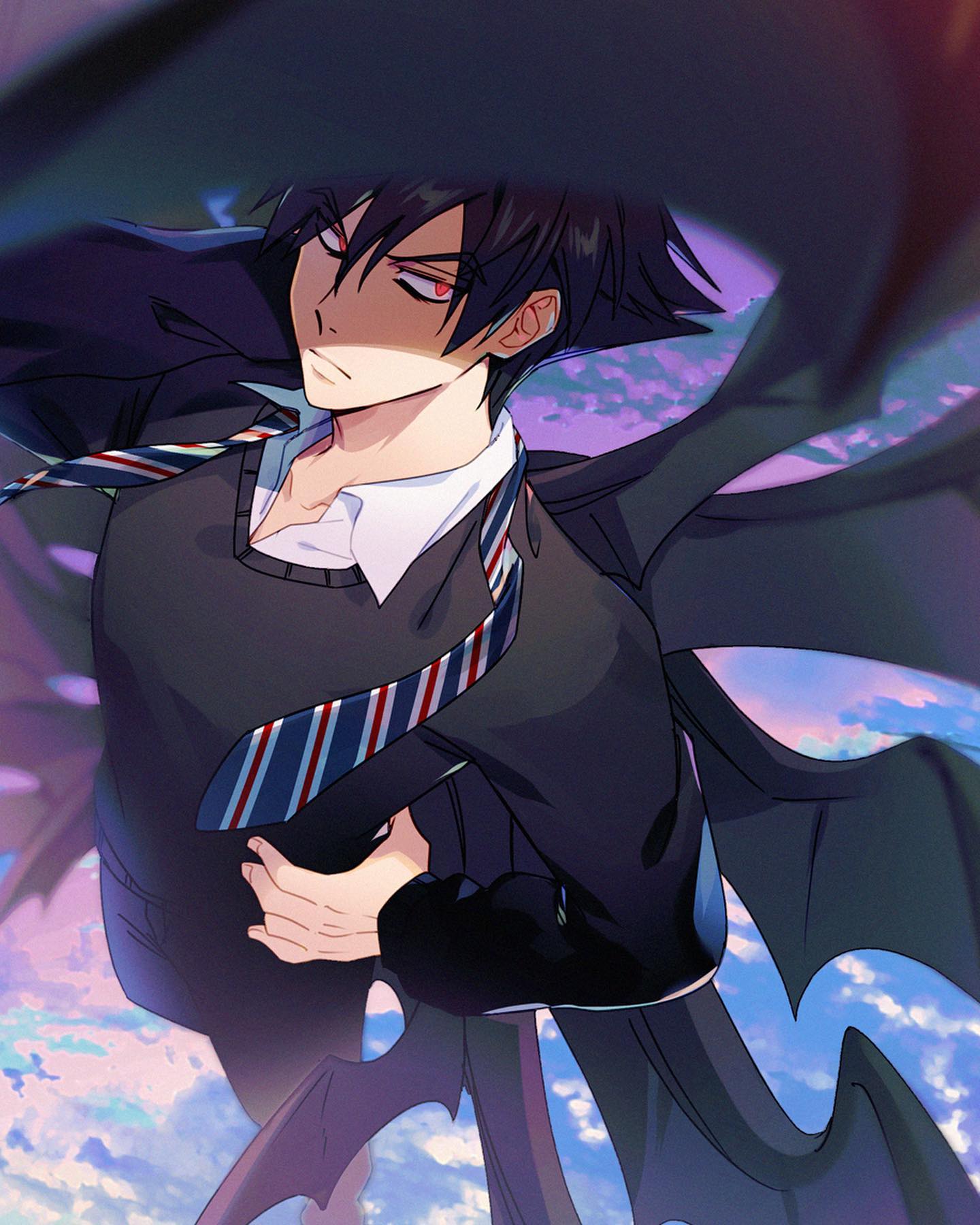 the image is a piece of digital fanart depicting a young animestyle male character. he has dark hair, red eyes, and is wearing a darkcolored blazer and tie, reminiscent of a school uniform.  the most striking feature is a pair of large, dark, batlike wings extending from his back, suggesting a supernatural or demonic element. he has a serious and somewhat brooding expression on his face. the background is a dreamy, pastelcolored sky filled with clouds, contrasting with the darker tones of the character and his wings. the overall style is expressive and dynamic, highlighting the character's mysterious and somewhat powerful aura.