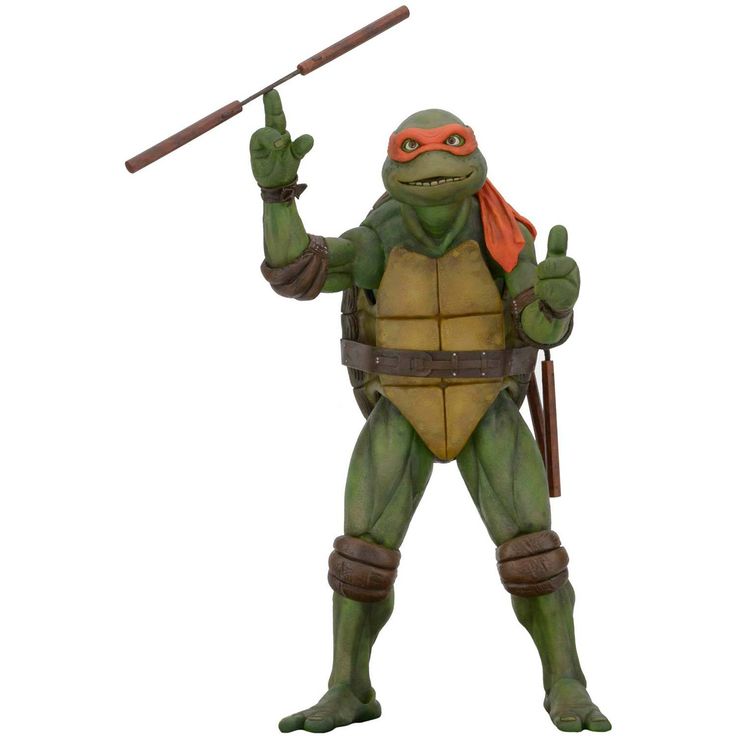 this image shows a teenage mutant ninja turtles action figure of michelangelo. the figure is standing with a sai in his hand and a katana strapped to his back. he is wearing his signature red bandana. he is isolated on a white background.