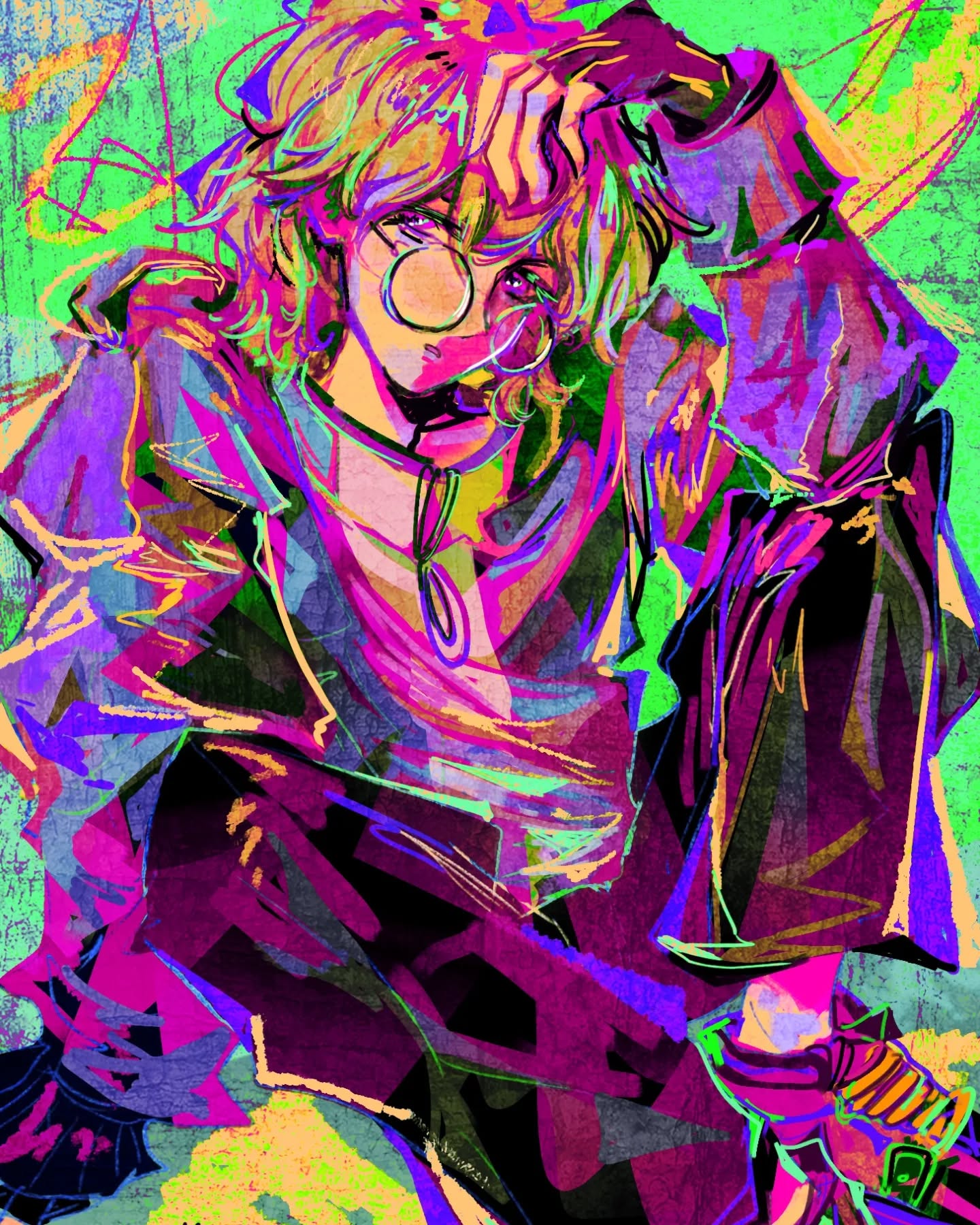 the image is a vibrant digital illustration or painting of a young man with long, wavy blonde hair.  he's wearing round glasses, a hoodie, and what appears to be stylish dark clothing. his pose is relaxed, with one hand resting on his head. the artwork is highly stylized, utilizing a bold and expressive color palette of neon pinks, purples, greens, and yellows.  the style blends elements of anime/manga, graffiti art, and abstract expressionism, creating a dynamic and energetic overall effect. the background is a textured mix of colors that complements the character's vivid attire. the overall impression is one of youth, trendiness, and a vibrant, almost psychedelic atmosphere.