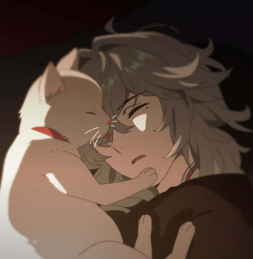 a close up of a young anime girl with gray hair sleeping peacefully while a white cat cuddles up to her. the girl's eyes are closed and her expression is serene. the cat is also asleep, its head resting on the girl's chest. the image is soft and gentle, conveying a sense of peace and tranquility.  the image is rendered in a style that is common in anime and manga.