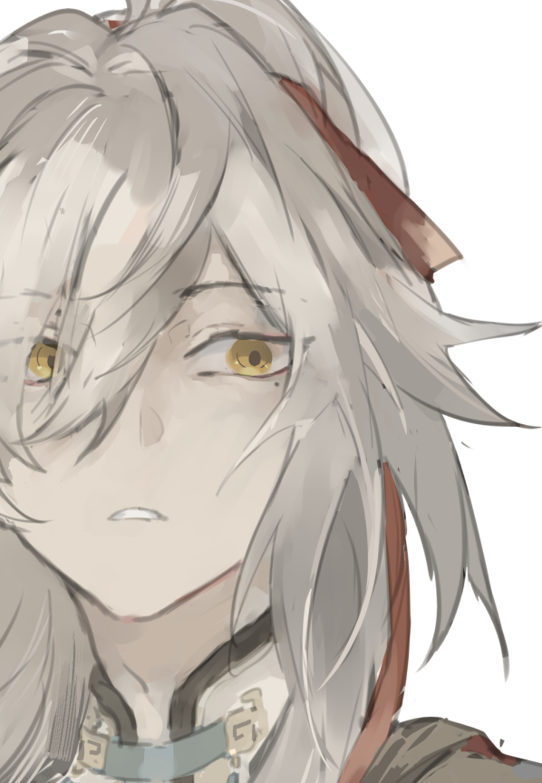a closeup portrait of an anime girl with white hair and a red ribbon. she has sad yellow eyes and is looking down. she appears to be sad or upset. the image is drawn in a soft, painterly style.