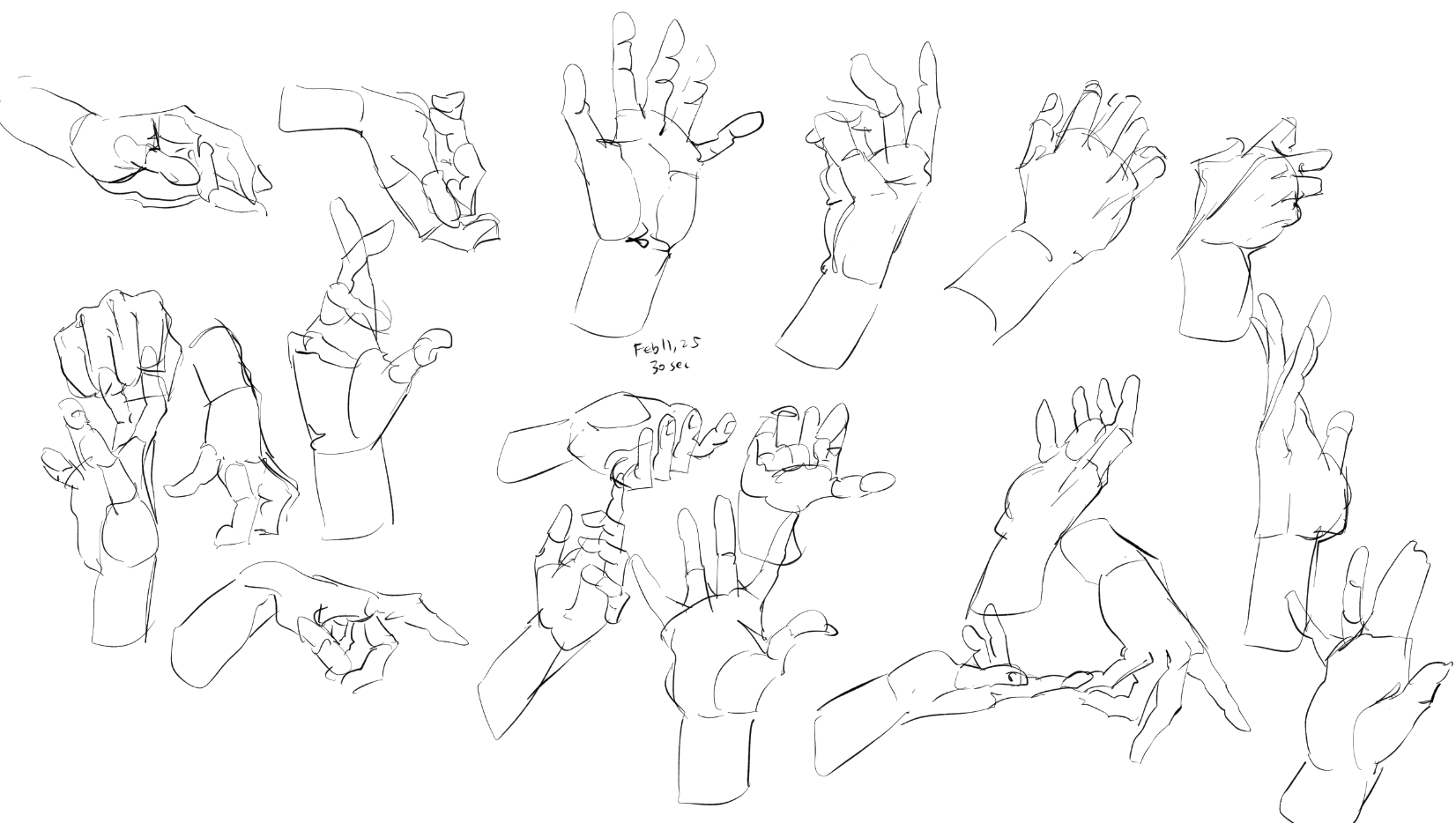 the image is a collection of line drawings depicting various hand poses, rendered in a quick sketch style. these drawings appear to be anatomical studies or gesture drawings, with each hand captured in a different position and angle. the line work is clean and efficient, suggesting a rapid execution, possibly a timed drawing exercise. the image includes hands in different orientations, such as open palms, closed fists, pointing fingers, and grasping positions. there is a note "feb 11, 25 30 sec" on the sketch which may denote the date and time given for the activity.