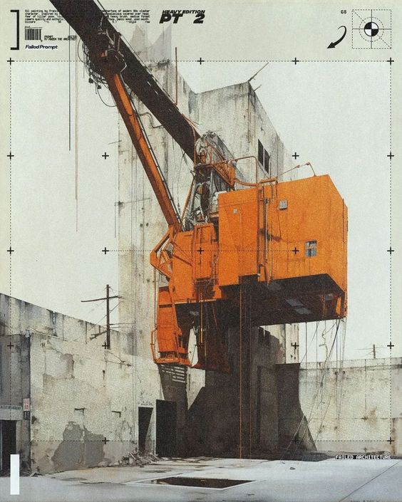 a vintage grunge illustration of a building under construction with a large industrial crane. the crane is orange, and the building is gray. the image is abstract and features an interesting perspective with the crane floating above the building. the word "heavy edition pt 2" is printed on the top left of the image. the word "failed architecture" is printed in the bottom right corner.