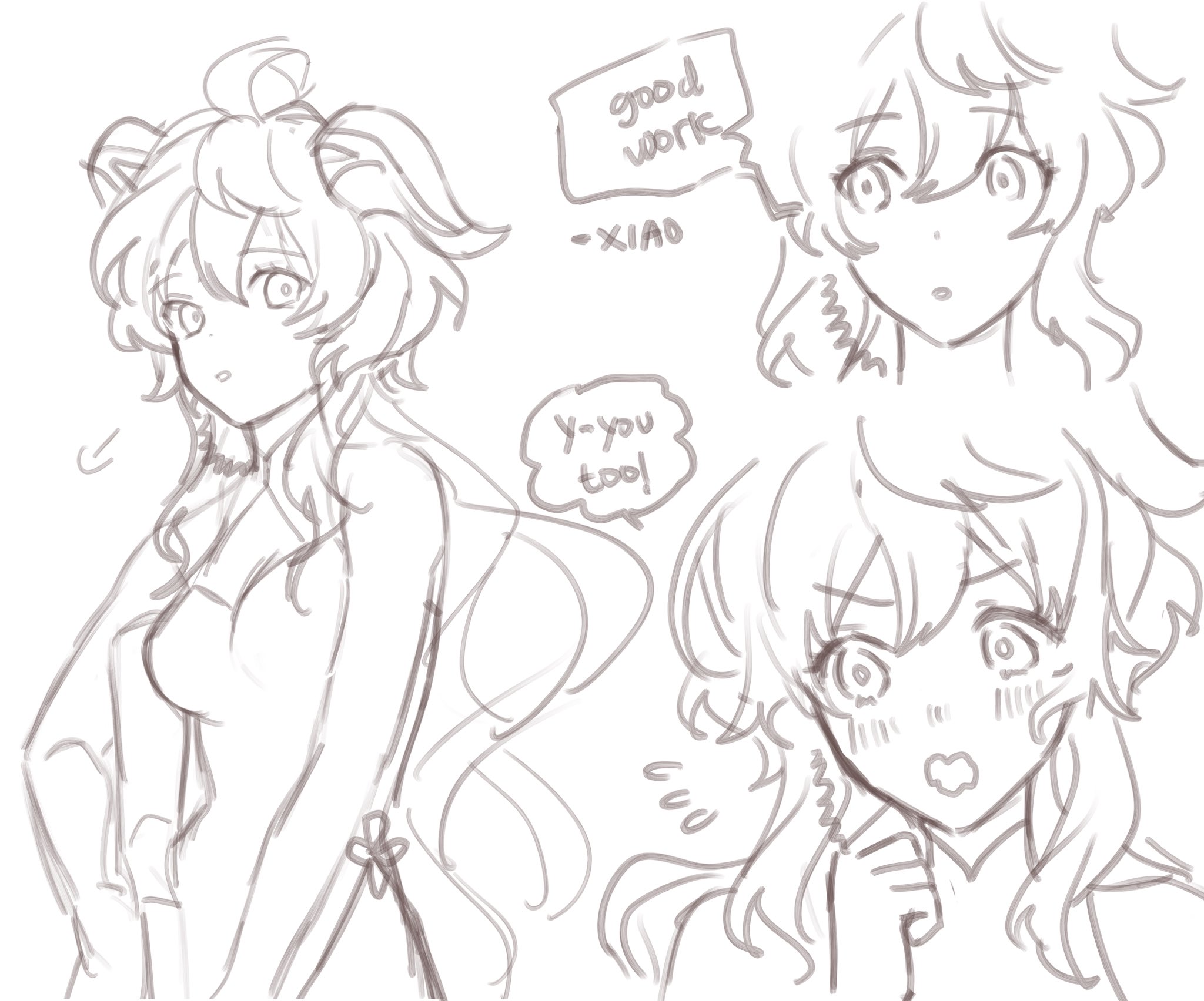a black and white sketch of two anime girls with long hair, one on the left has a fluffy tail and is looking to the side and the other on the right is looking directly at the viewer with a slight blush and a hint of a smile on her face. the girls both have large eyes and the one on the right has two thought bubbles above her head that read "yyou too!" and "good work xiao"