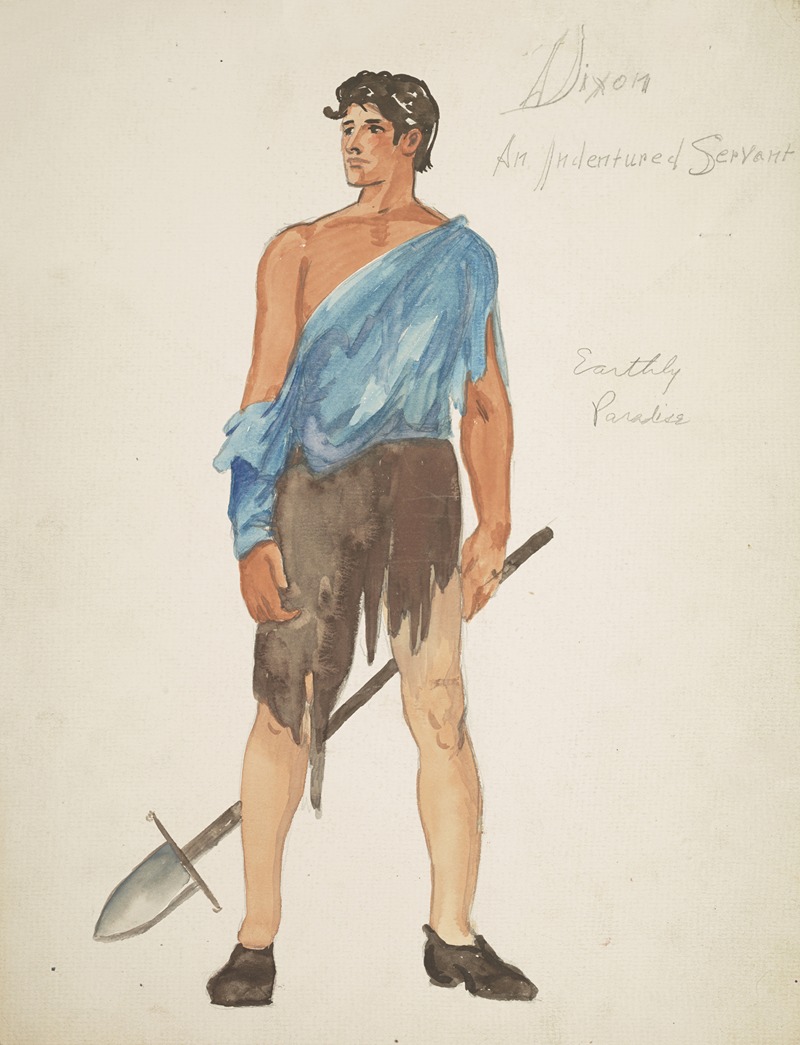 a watercolor illustration on paper depicting a man named dixon, an indentured servant from earthly paradise, dressed in ragged clothes and holding a spear. the man has dark hair, dark shoes, a bare chest partially covered by blue fabric, and ragged brown shorts. the background is plain.