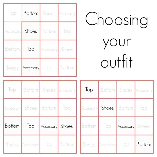 the image shows a "choosing your outfit" graphic. the image includes three 4x4 grid of terms, labeled with "top", "bottom", "shoes" and "accessory".