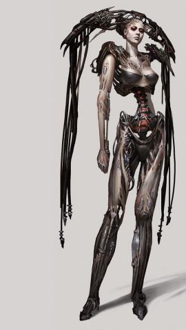 a digital illustration of a woman in cyborg form. she has a mechanical body and wires running throughout her body. her human skin is transparent. the woman wears dark metal shoes. she is surrounded by dark black wires and a mechanical head piece. she is depicted with an open, and somewhat creepy, expression.