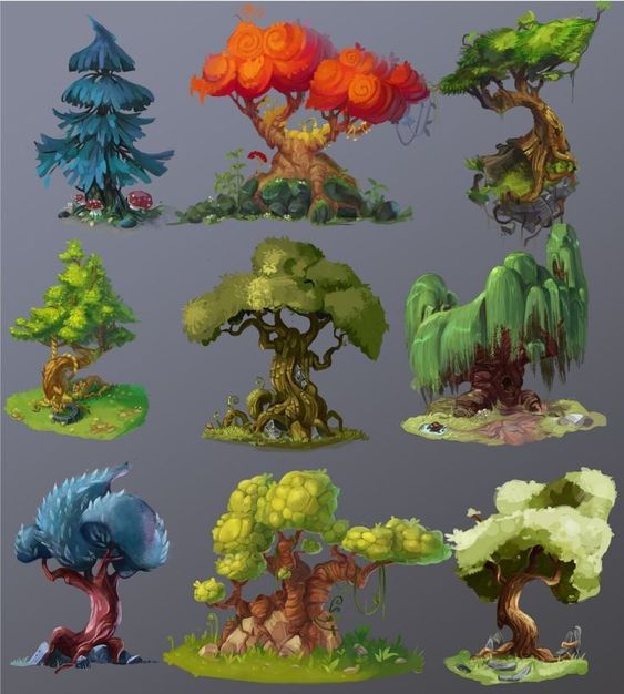a set of nine illustrations depicting various stylized trees, each with its unique shape, color, and personality. the trees range from a classic evergreen to a weeping willow to more fantastical designs with swirling branches and vibrant colors. each tree is set against a simple background, allowing it to stand out. the overall style is cartoonish and whimsical, suggesting a magical or enchanted setting.