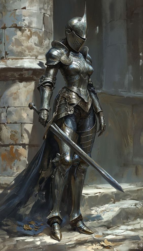 a female knight in intricately designed, dark metal armor stands at attention. her right hand rests on the pommel of her sword, the blade lying diagonally across the image. the knight's helmet completely obscures her face, lending an air of mystery.  the background is a muted palette of gray and brown, suggesting a weathered stone castle or ruin. the scene is bathed in soft, natural light.