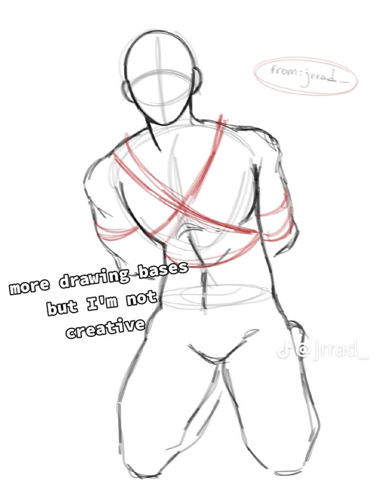a sketch of a human figure tied up with ropes. the figure is drawn in a simple line art style and is in a kneeling position. the ropes are drawn in red, creating a sense of danger and vulnerability. the sketch is incomplete, suggesting that it is a work in progress.